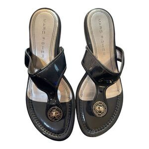 Marc Fisher Black Sandals with Metallic Medallion